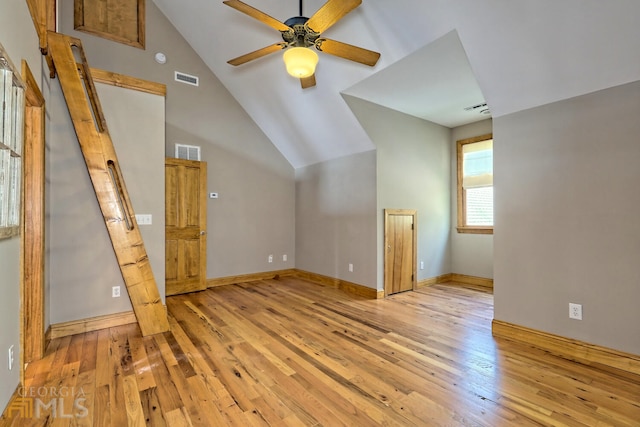 additional living space featuring high vaulted ceiling, light hardwood / wood-style flooring, and ceiling fan