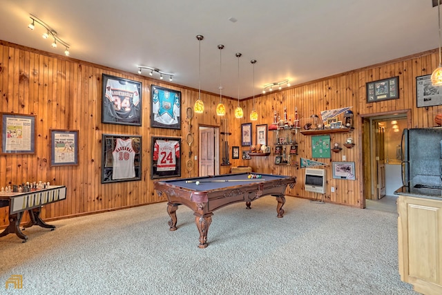 recreation room with track lighting, light colored carpet, pool table, and heating unit