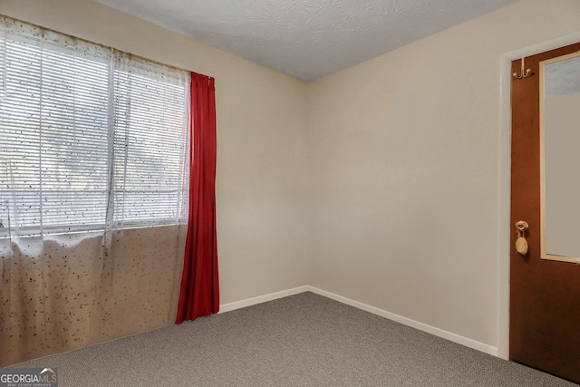 carpeted spare room with a textured ceiling