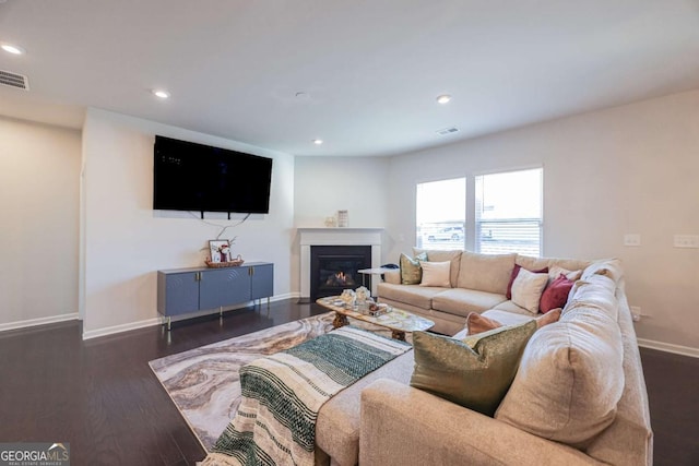 living room with dark wood-type flooring