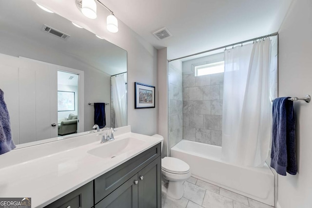 full bath with toilet, shower / bathtub combination with curtain, visible vents, and vanity