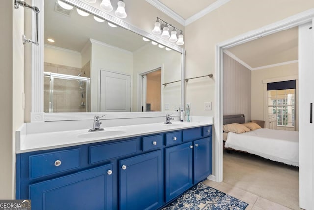 bathroom featuring tile patterned floors, vanity, ornamental molding, and walk in shower