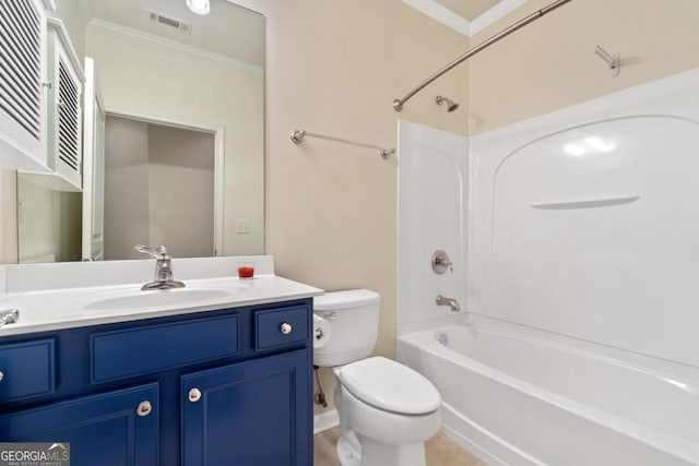 full bathroom featuring vanity,  shower combination, toilet, and ornamental molding