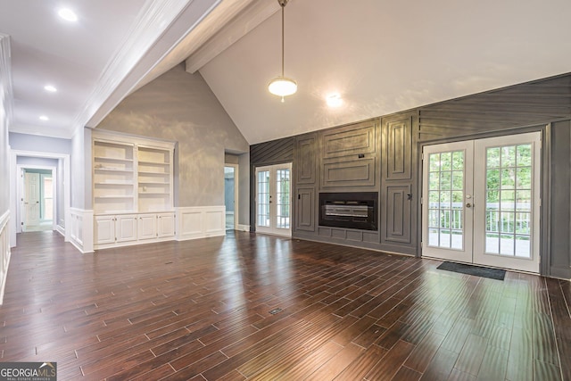 unfurnished living room featuring french doors, built in features, and dark wood-type flooring