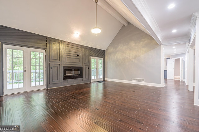 unfurnished living room featuring french doors, high vaulted ceiling, plenty of natural light, and beam ceiling