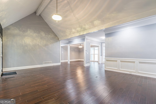 interior space featuring vaulted ceiling with beams, dark hardwood / wood-style floors, and ceiling fan