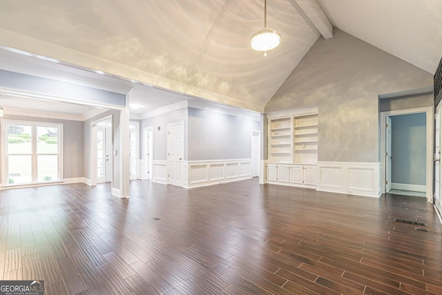 unfurnished living room with vaulted ceiling with beams, dark hardwood / wood-style flooring, and crown molding