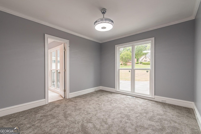 carpeted spare room featuring crown molding