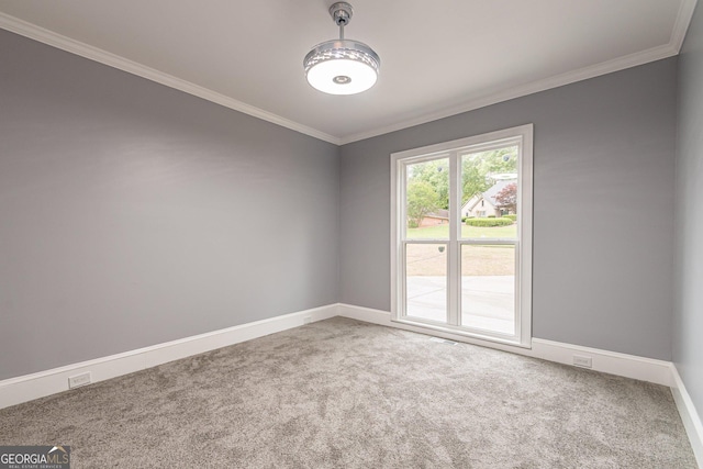 unfurnished room with carpet and crown molding