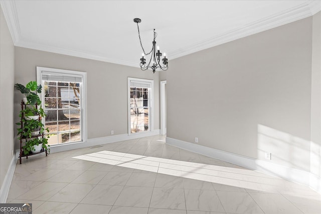 unfurnished dining area with a chandelier and ornamental molding