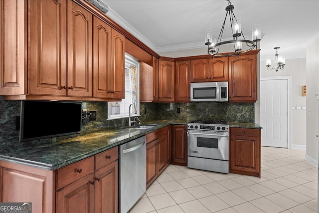 kitchen with pendant lighting, an inviting chandelier, crown molding, sink, and stainless steel appliances