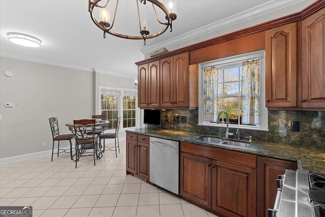 kitchen with crown molding, sink, stainless steel dishwasher, light tile patterned floors, and range