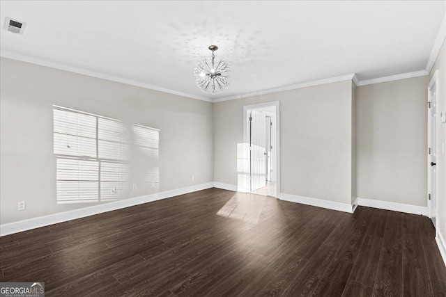 unfurnished room with dark hardwood / wood-style flooring, a chandelier, and ornamental molding