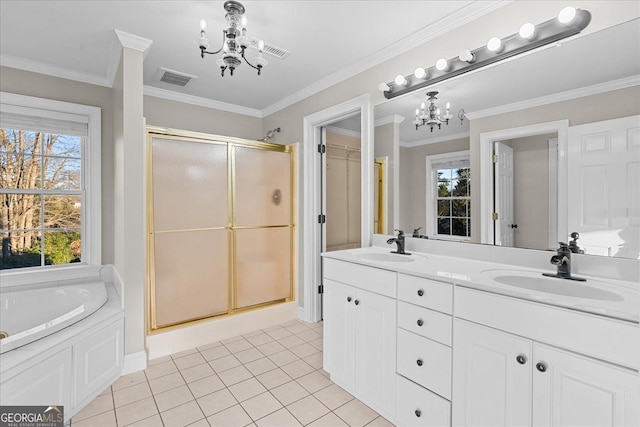 bathroom with tile patterned flooring, shower with separate bathtub, vanity, and crown molding