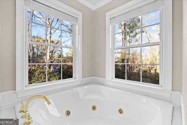 bathroom featuring a wealth of natural light, a bathtub, and ornamental molding