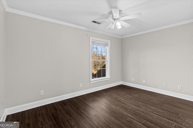 unfurnished room featuring crown molding, ceiling fan, and dark hardwood / wood-style floors