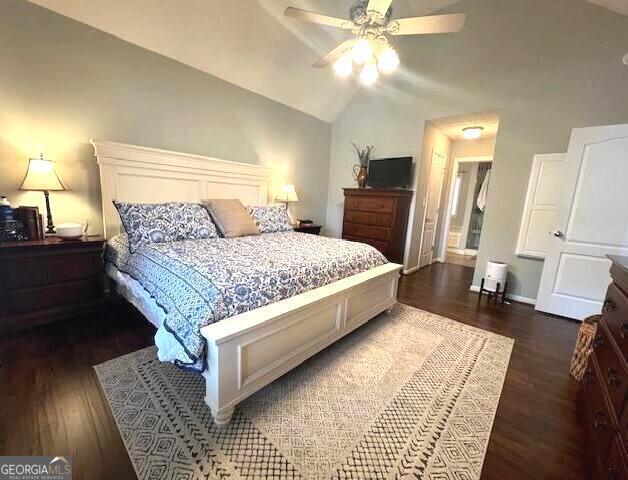 213 Moore Valley Way, Canton, GA 30115 - bedroom featuring wood finished floors, vaulted ceiling, baseboards, and ceiling fan