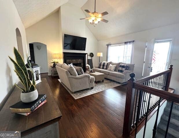 living room with a fireplace, high vaulted ceiling, dark hardwood / wood-style floors, and ceiling fan