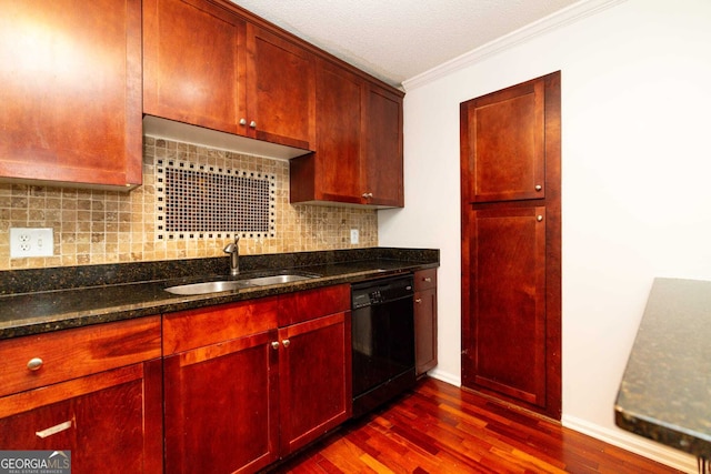 kitchen with dark stone counters, ornamental molding, sink, black dishwasher, and tasteful backsplash