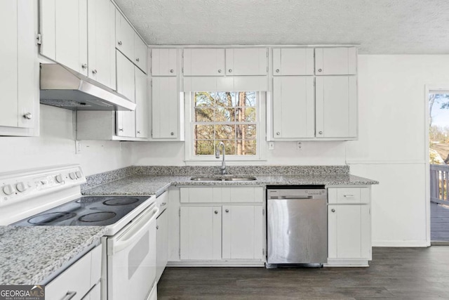 kitchen with dishwasher, white cabinetry, white electric range, and sink