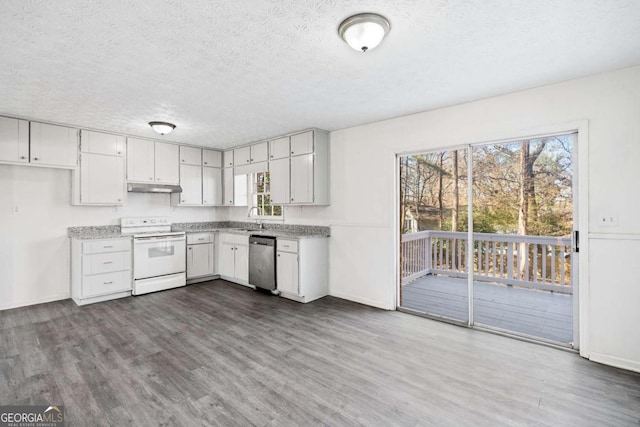 kitchen featuring white cabinetry, dishwasher, sink, white electric range oven, and a textured ceiling