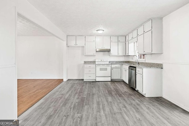 kitchen with light wood-type flooring, a textured ceiling, dishwasher, white electric range, and white cabinetry