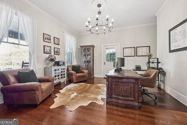 office with a chandelier, crown molding, and dark wood-type flooring