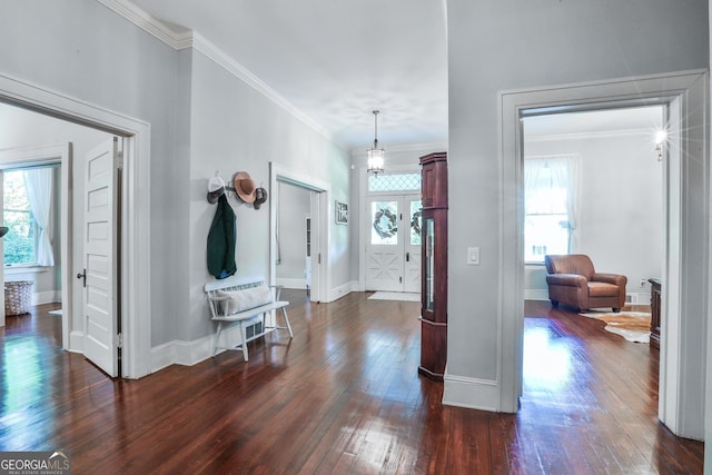 entryway featuring ornamental molding, dark wood-type flooring, and an inviting chandelier