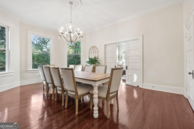 dining space with a chandelier, crown molding, and dark wood-type flooring