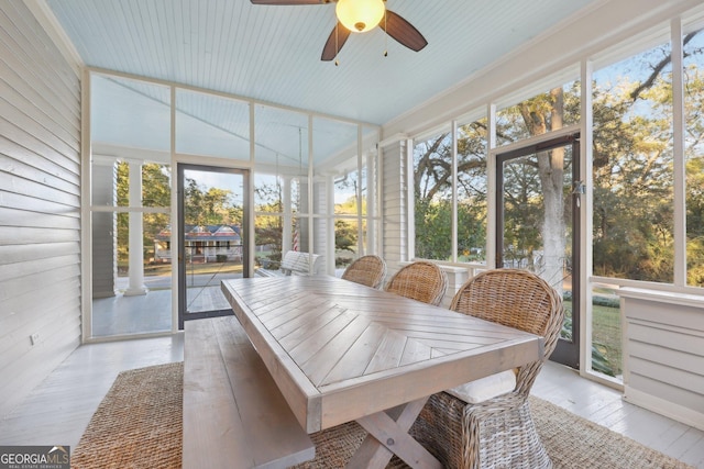 sunroom / solarium with ceiling fan and a healthy amount of sunlight