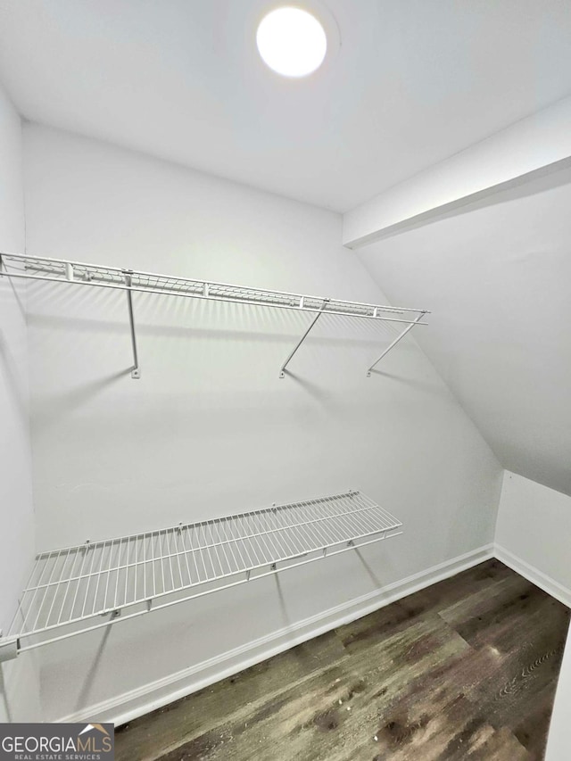 walk in closet featuring dark hardwood / wood-style flooring and vaulted ceiling