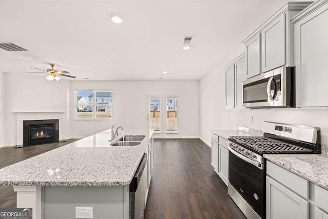 kitchen with appliances with stainless steel finishes, an island with sink, light stone counters, and sink