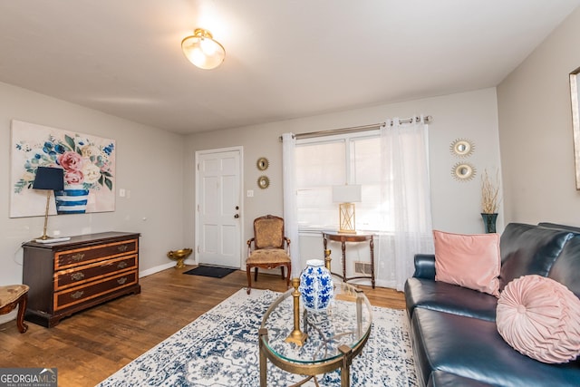 living room featuring dark wood-type flooring