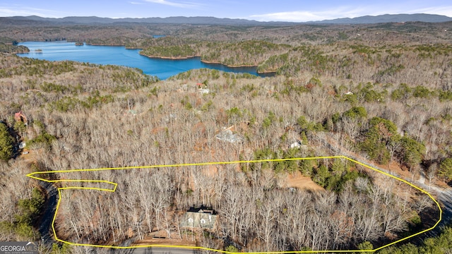 bird's eye view with a water and mountain view