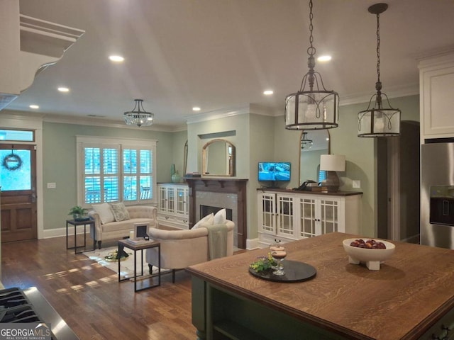 interior space with crown molding and dark wood-type flooring