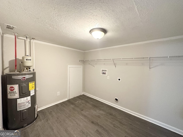 laundry area with washer hookup, dark hardwood / wood-style flooring, a textured ceiling, electric dryer hookup, and water heater