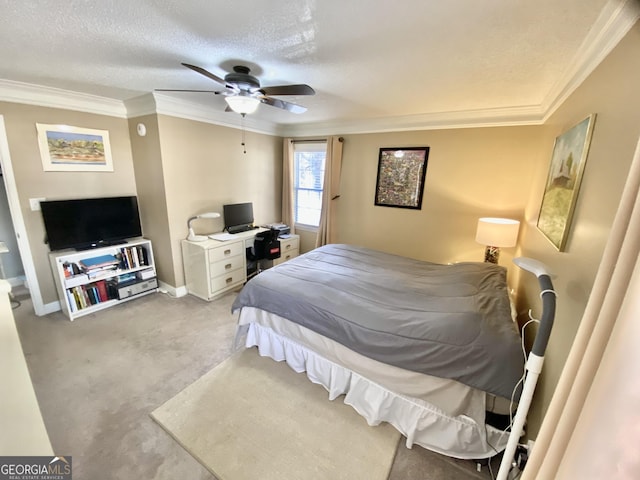 bedroom with ceiling fan, a textured ceiling, crown molding, and light carpet