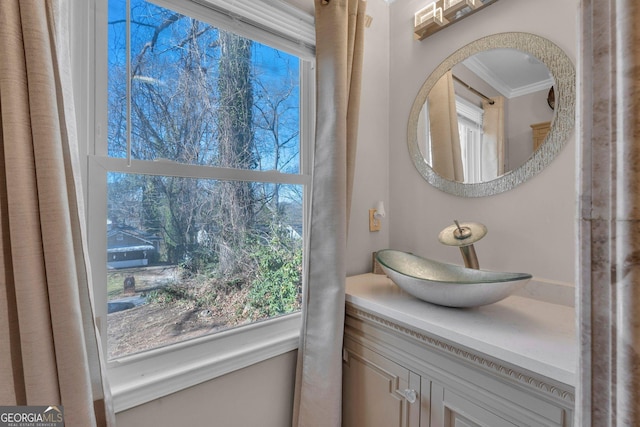 bathroom featuring ornamental molding and vanity