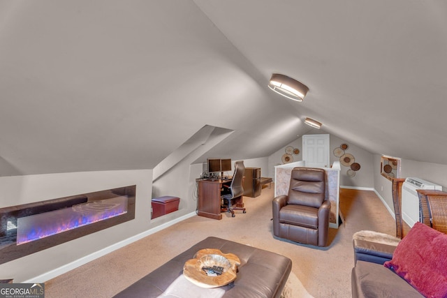 carpeted living room featuring lofted ceiling