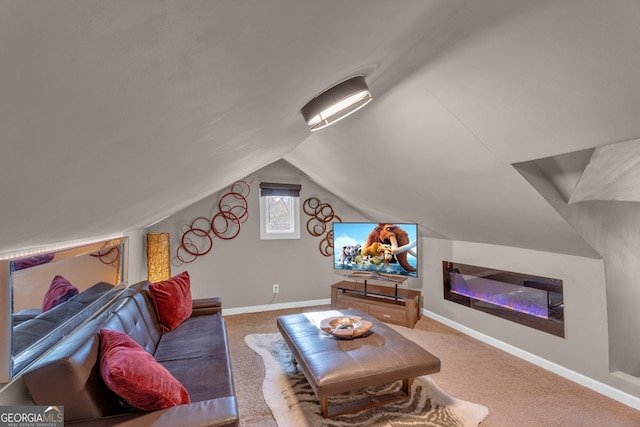 carpeted living room with lofted ceiling