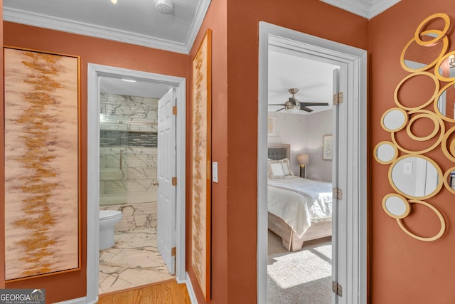 hallway featuring crown molding