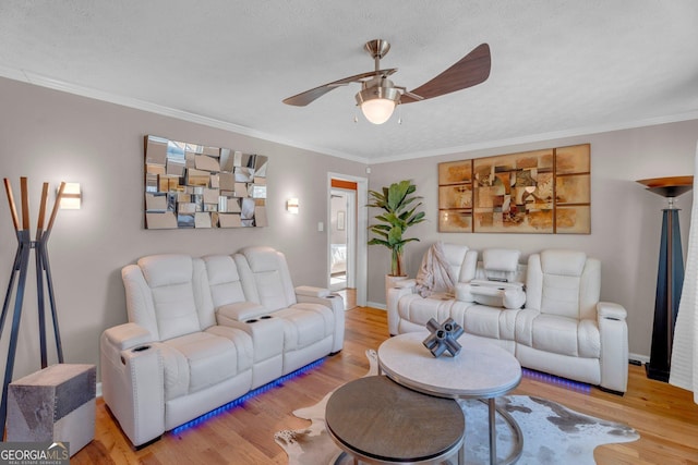 living room featuring ceiling fan, ornamental molding, a textured ceiling, and light wood-type flooring