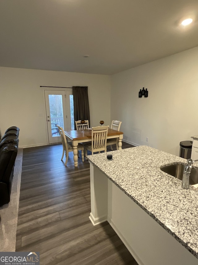 kitchen featuring light stone countertops, dark wood-type flooring, and sink