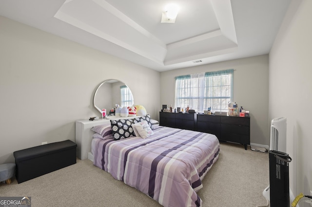 carpeted bedroom featuring a tray ceiling