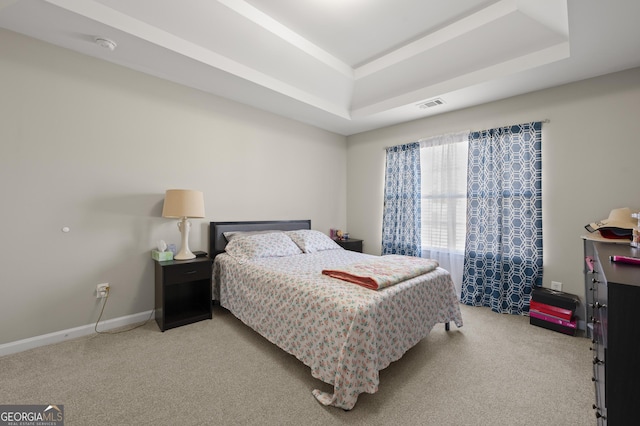 carpeted bedroom featuring a raised ceiling