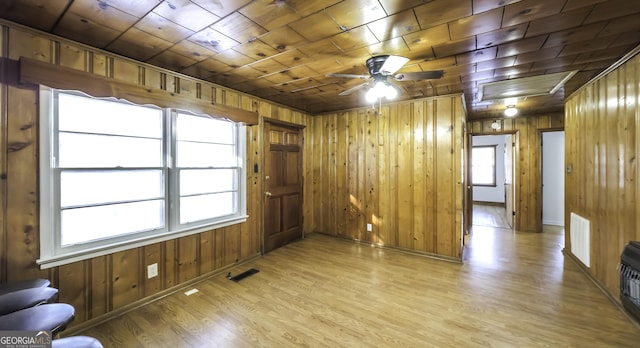 empty room featuring light wood-type flooring, ceiling fan, wooden walls, and wood ceiling