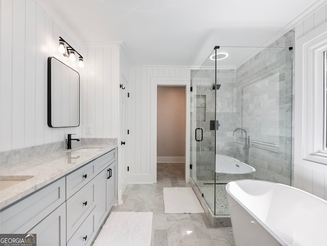 bathroom featuring independent shower and bath, crown molding, and vanity