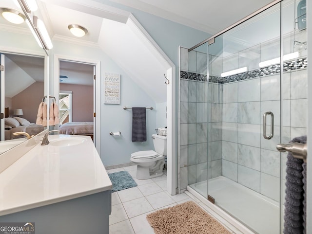 bathroom featuring tile patterned flooring, crown molding, an enclosed shower, and toilet