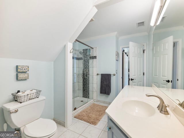 bathroom featuring visible vents, a shower stall, vanity, and crown molding