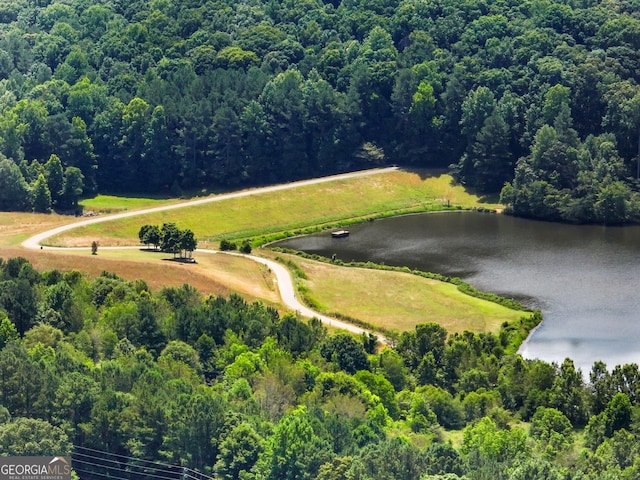 aerial view with a water view and a wooded view